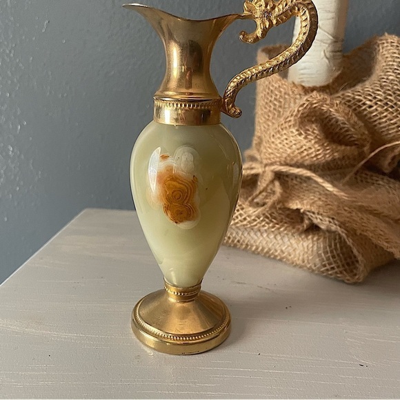 Vintage 1980 Chiseled Brass Onyx Dragon Handle Ewers Cambodia Pitcher Vase Gift - Picture 2 of 10